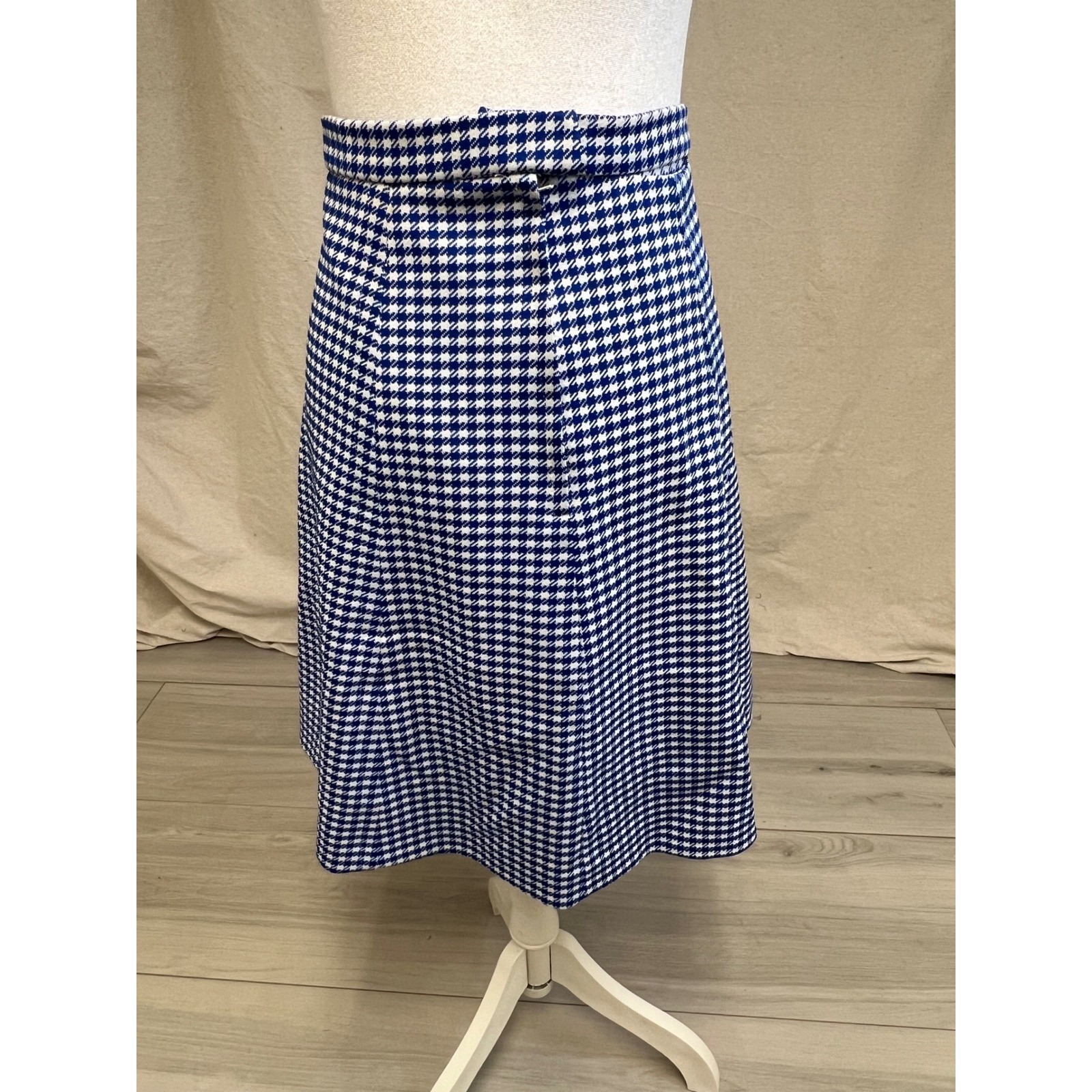 Vintage Houndstooth Midi Skirt Blue White A-Line High Waist Mod Retro 60s Preppy
