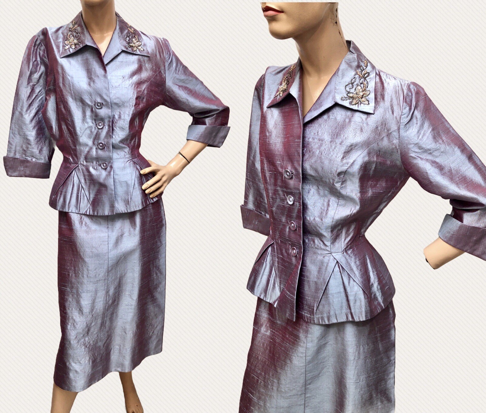 VTG 1950s „NEW LOOK” R&K Original IRIDESCENT LILAC SHARKSKIN Peplum Beaded SUIT