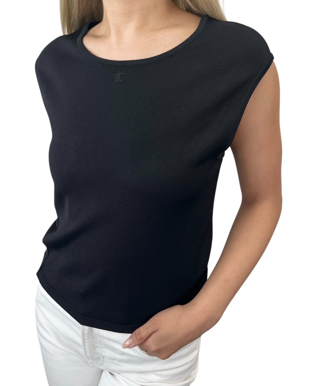 CHANEL Vintage 98P CC Logo Knit Tank Top #42 Round Neck Spandex Black Rayon