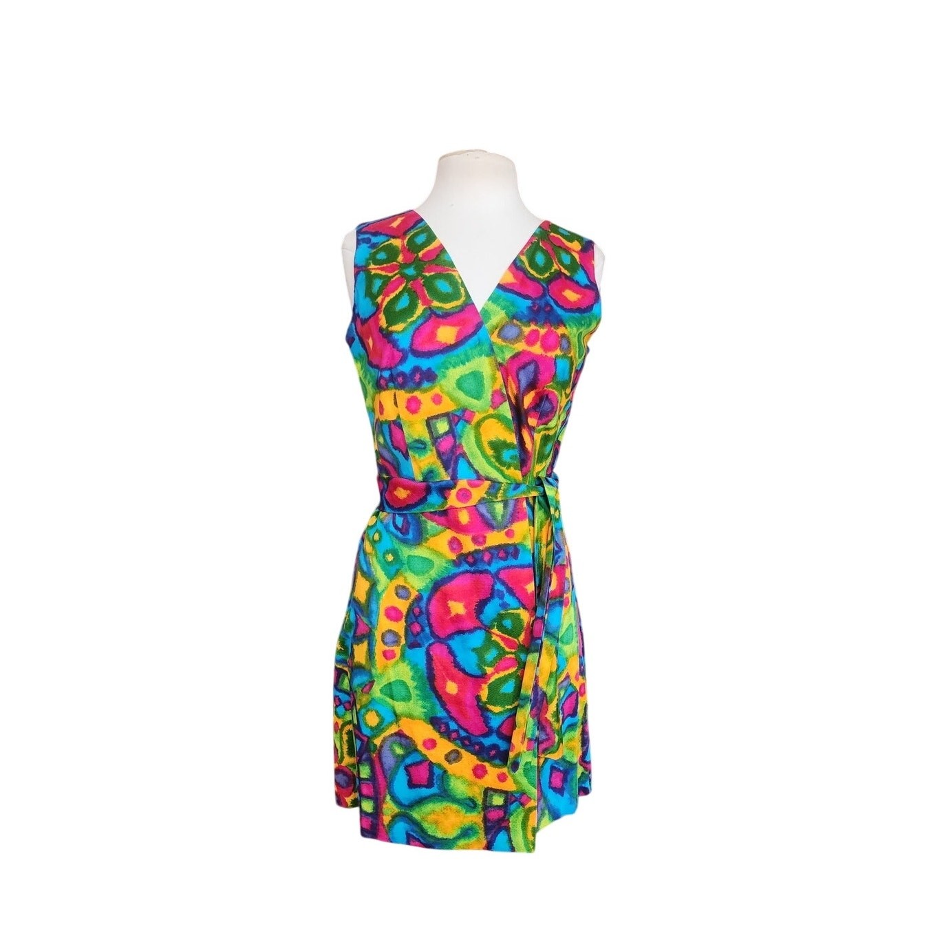 Vintage 60s Psychedelic Print Dress Rhapsody by Glazier Sleeveless Wrap Style