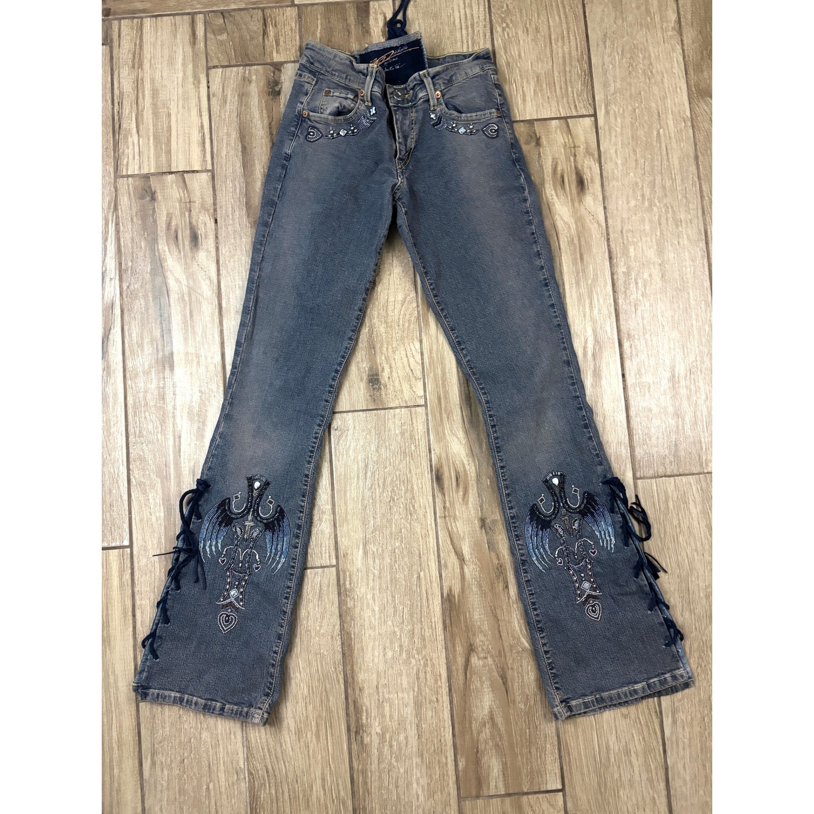 Statement Western Beaded Lace Up Flare Jeans Y2K OOAK Festival Denim
