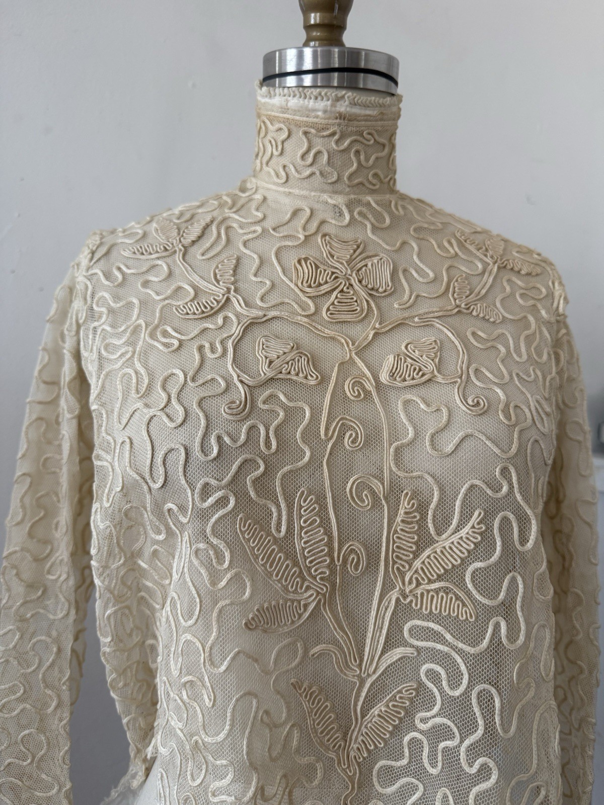 Antique Sheer Net Lace Blouse Top Cord Soutache Embroidery Art Nouveau Bridal XS