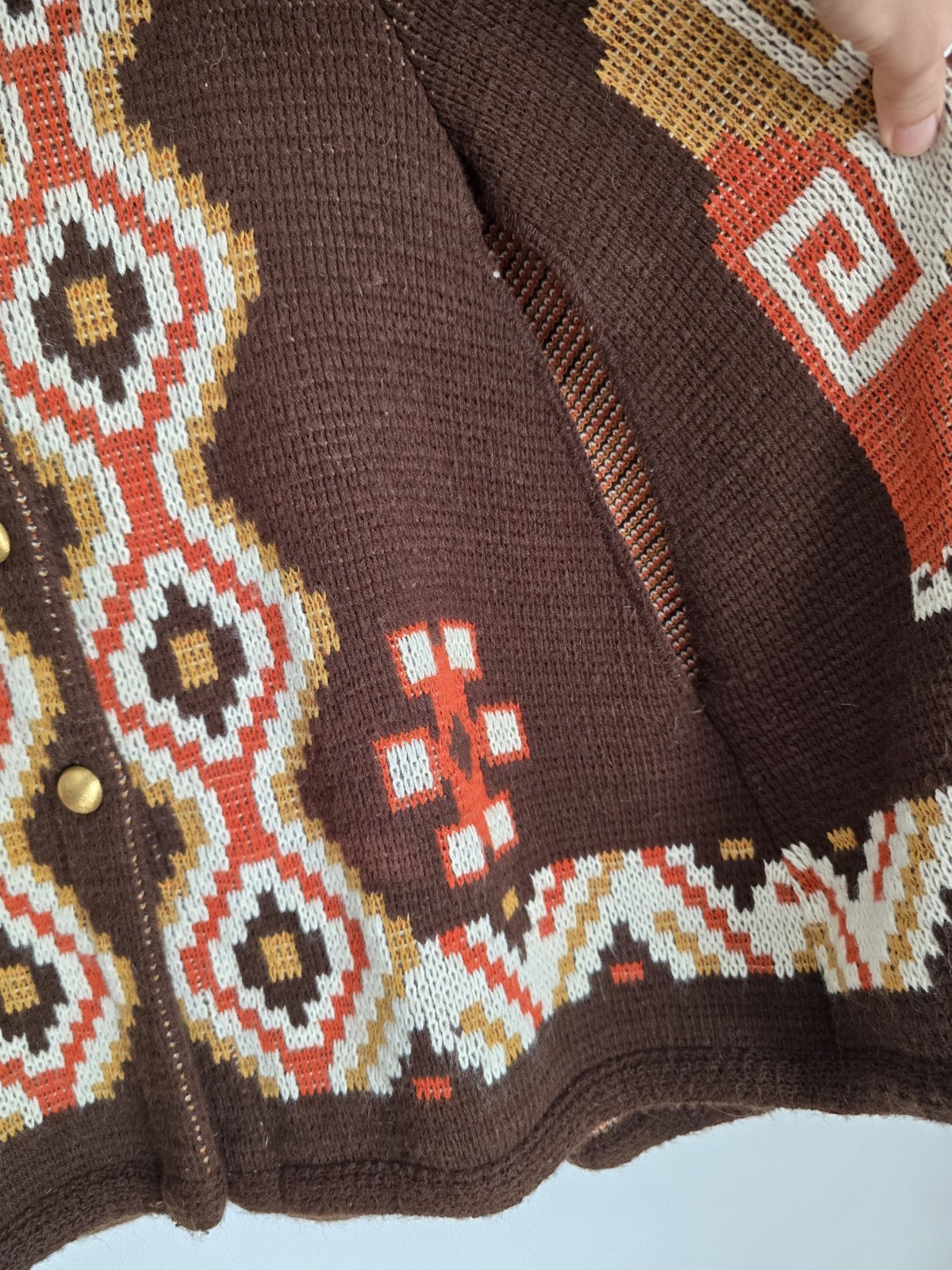 Montgomery Ward Vintage Knit Cape Brown Orange White Yellow Geometric Acrylic