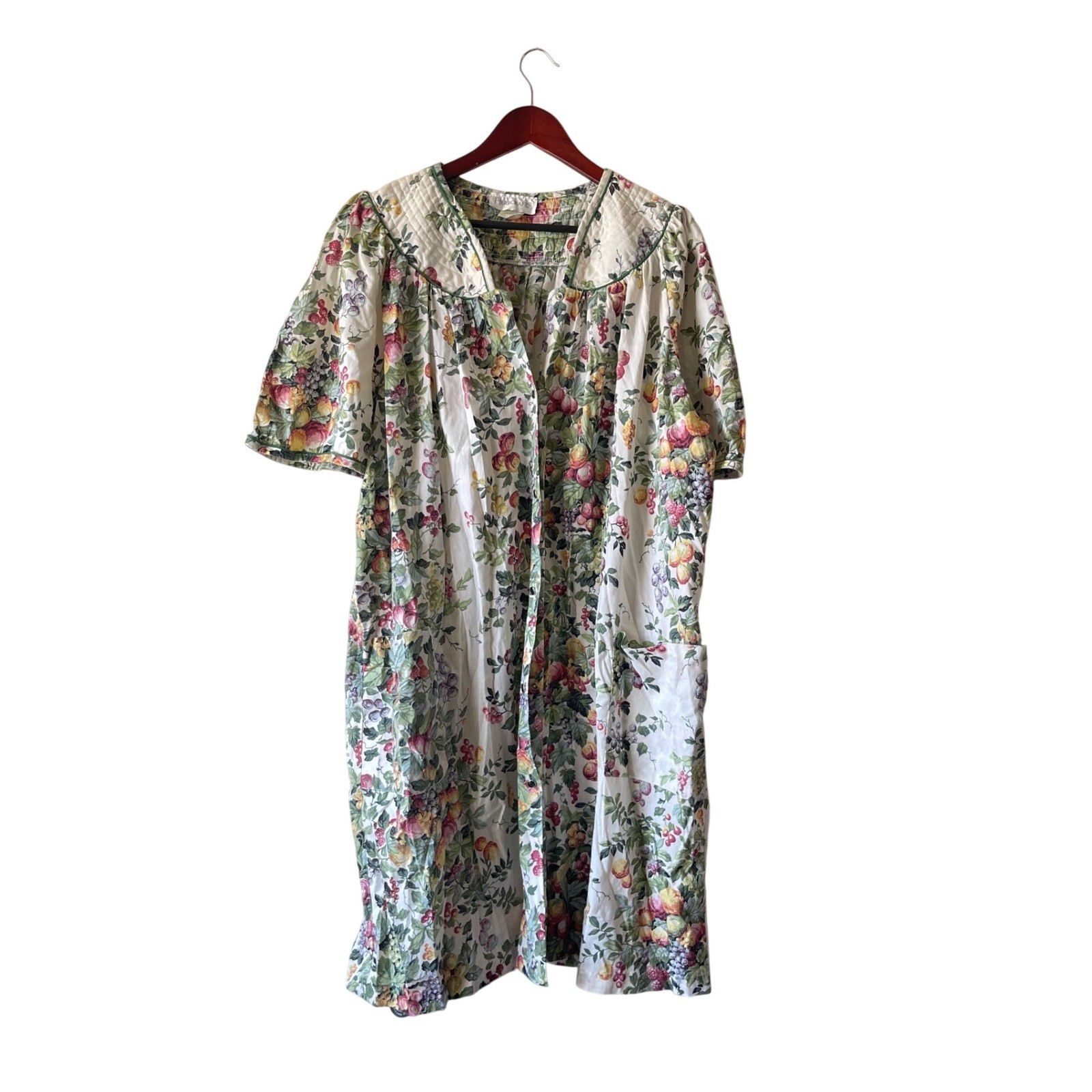 Vintage Fruit Print Snap Front House Dress Robe Plus Size 2X berries grapes