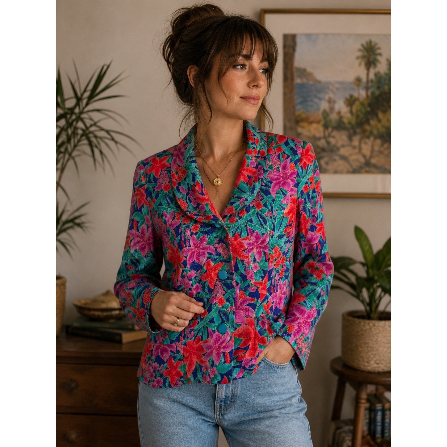 Vintage 90s Tropical Floral Blazer Jacket Colorful Botanical Retro Women Sz 6