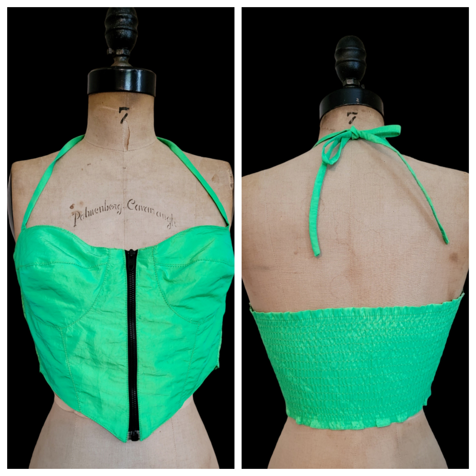 Vintage 80s Disco era Lime Green Crop top clubwear Zip Front Sz M L