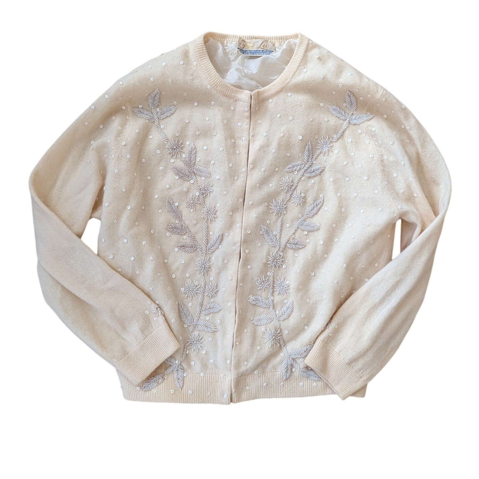 Vintage Women’s Beaded Angora Lambswool Cardigan Cream Floral Sequin Sweater- XS