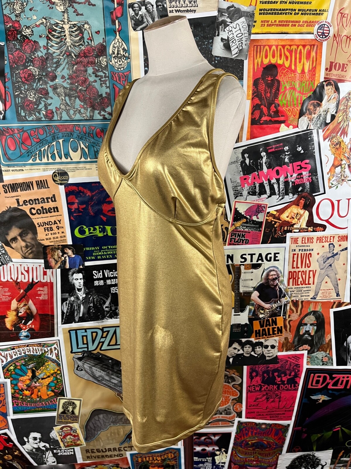 Vtg 90s Metallic Gold Ujena Nylon Spandex Deep V Club Disco Mini Dress Medium