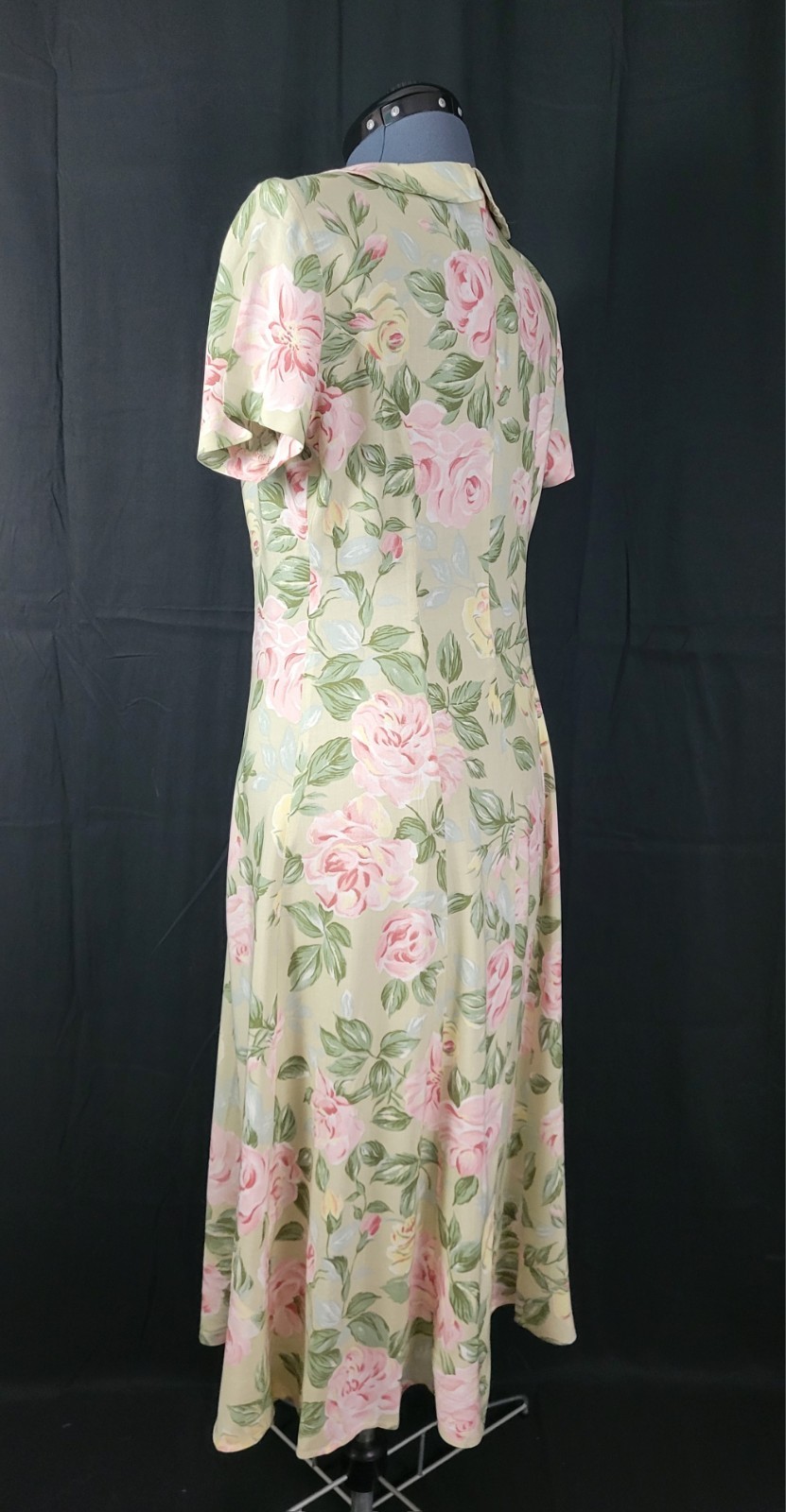 Vintage Ellen Ashley Tan Fit & Flare Button Down Dress w Pastel Florals Size 8
