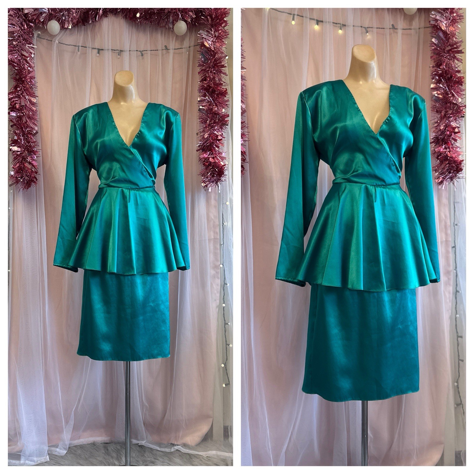 Vintage 80s Green Liquid Satin Peplum Dress New Wave V Neck Cocktail L