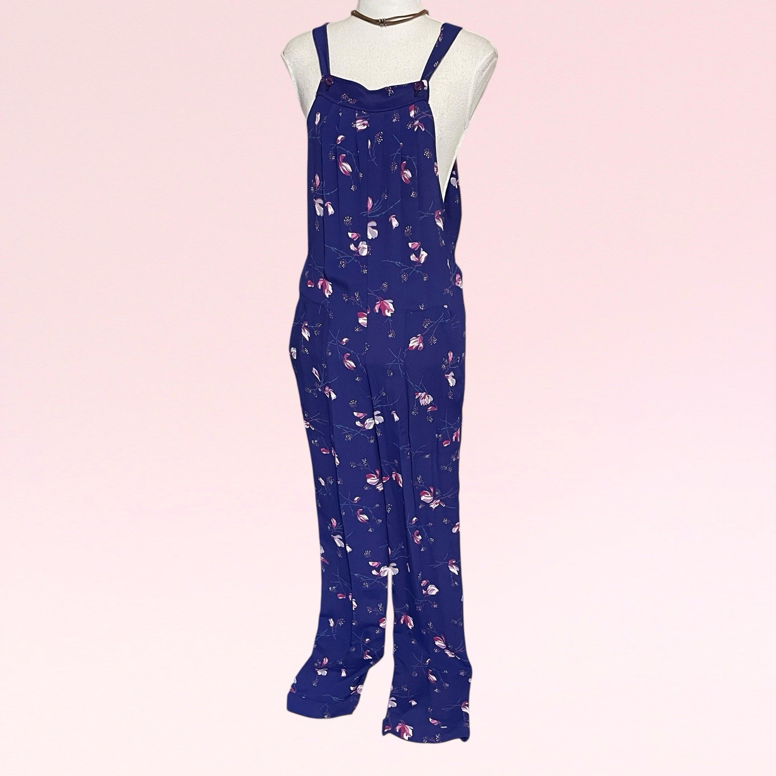 vintage 70s purple floral rayon pleated wide-leg hippie boho overall jumpsuit S