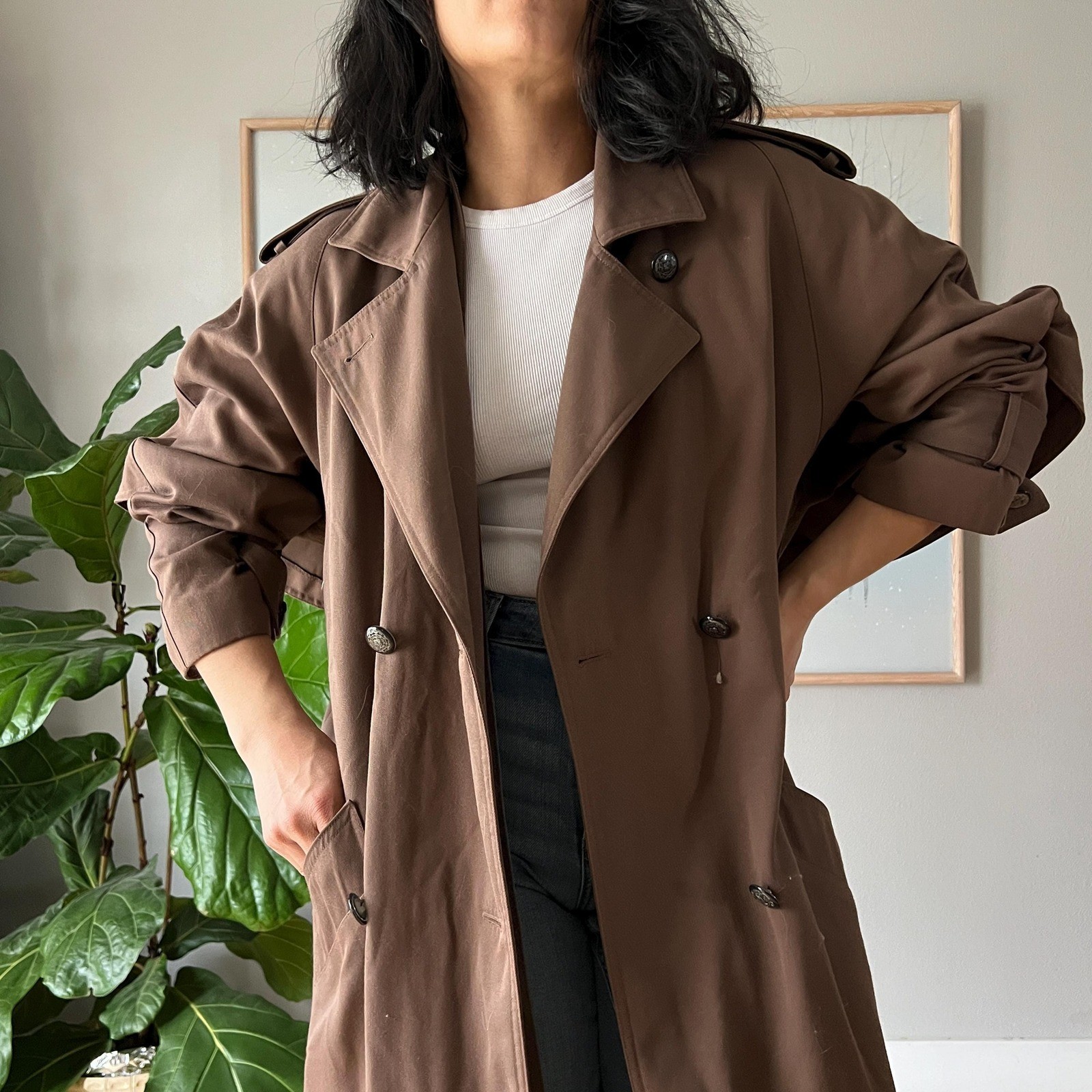 Vintage Brown Trench Coat Minimalist Long Coat Classic Oversized 90s Chic