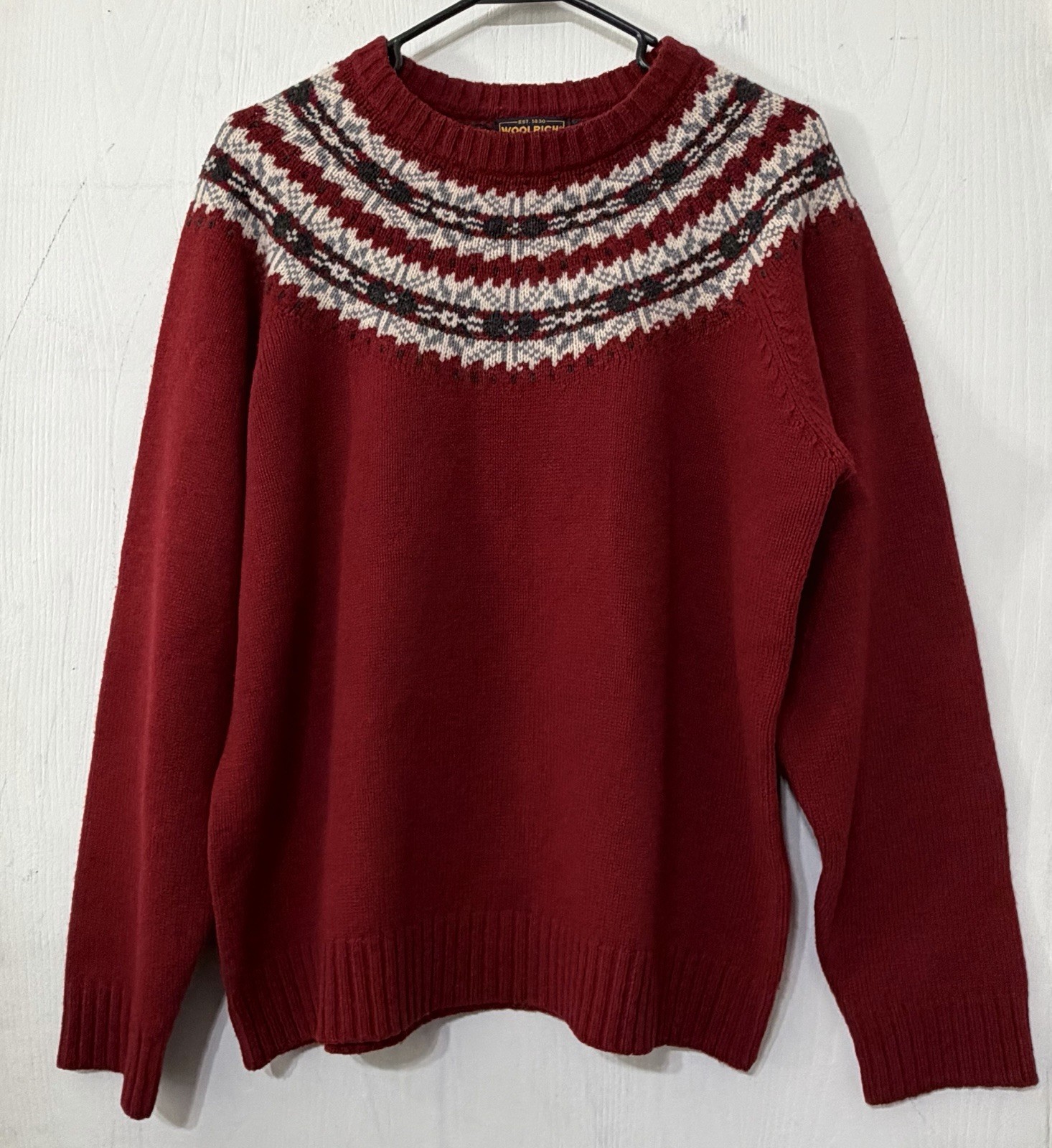Vintage Woolrich Fair Isle Ruby Red Knit Sweater 100% Lambs Wool Size XL