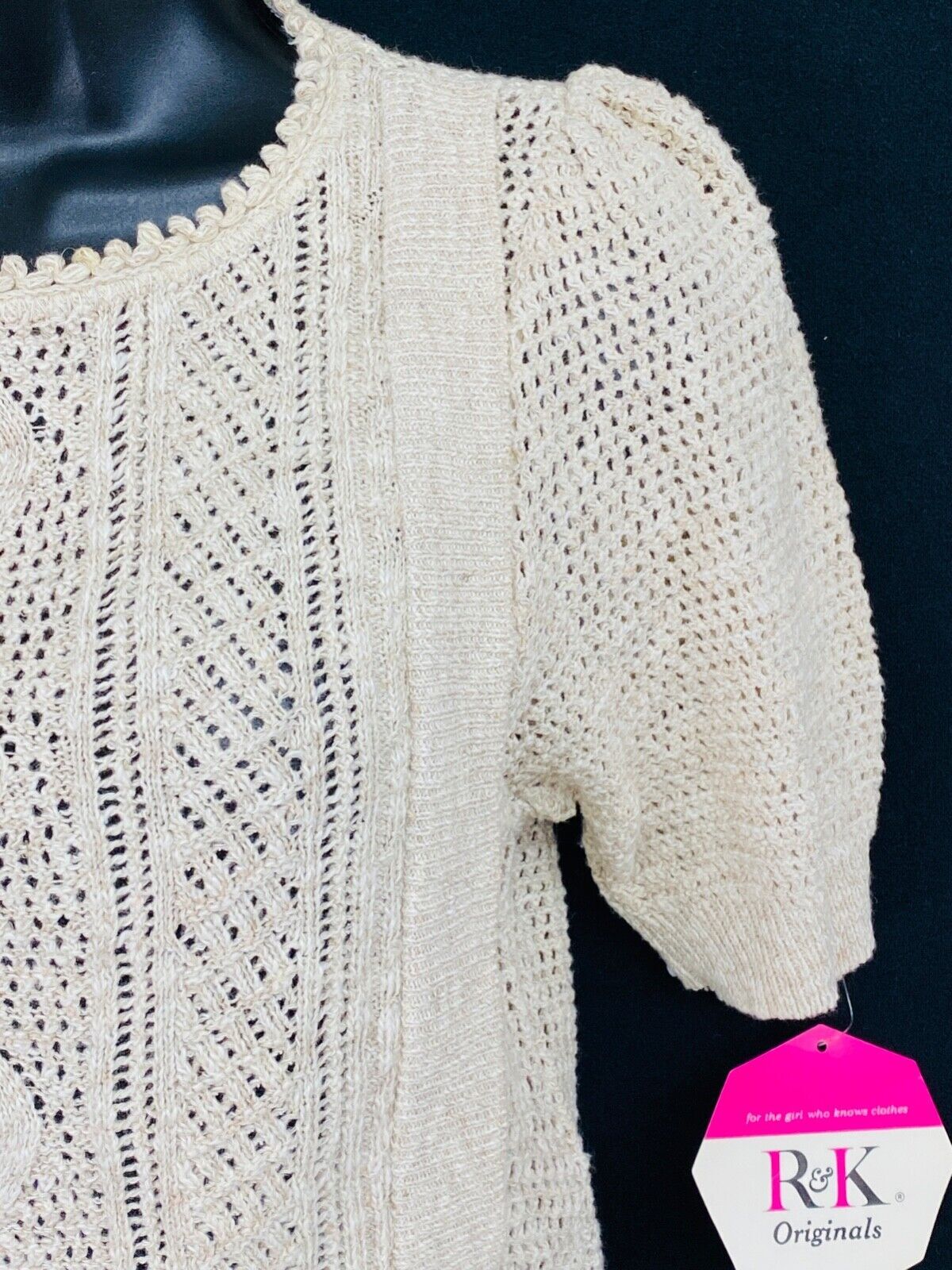 Vintage 1970s ivory white short puffed sleeve sweater M L cropped cable knit NWT