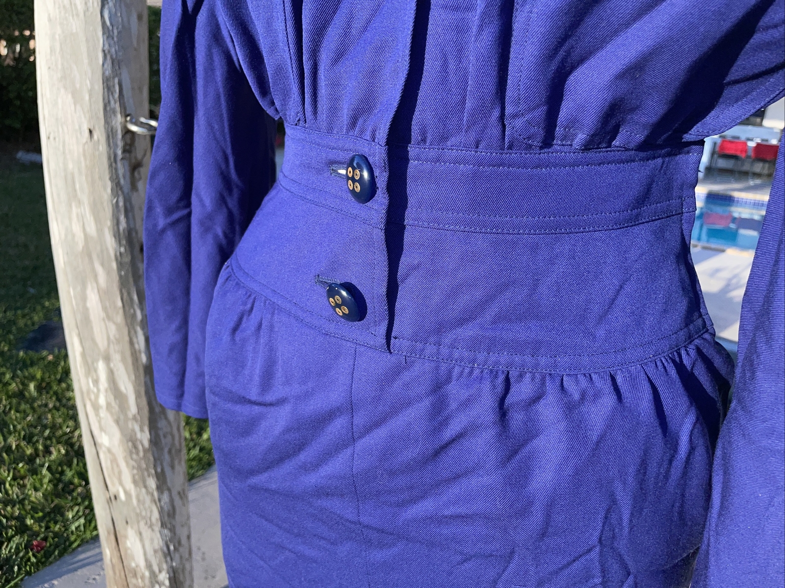 VINTAGE MISS V VALENTINO BLUE BLACK VELVET COLLAR BUTTON FRONT DRESS Sz 38