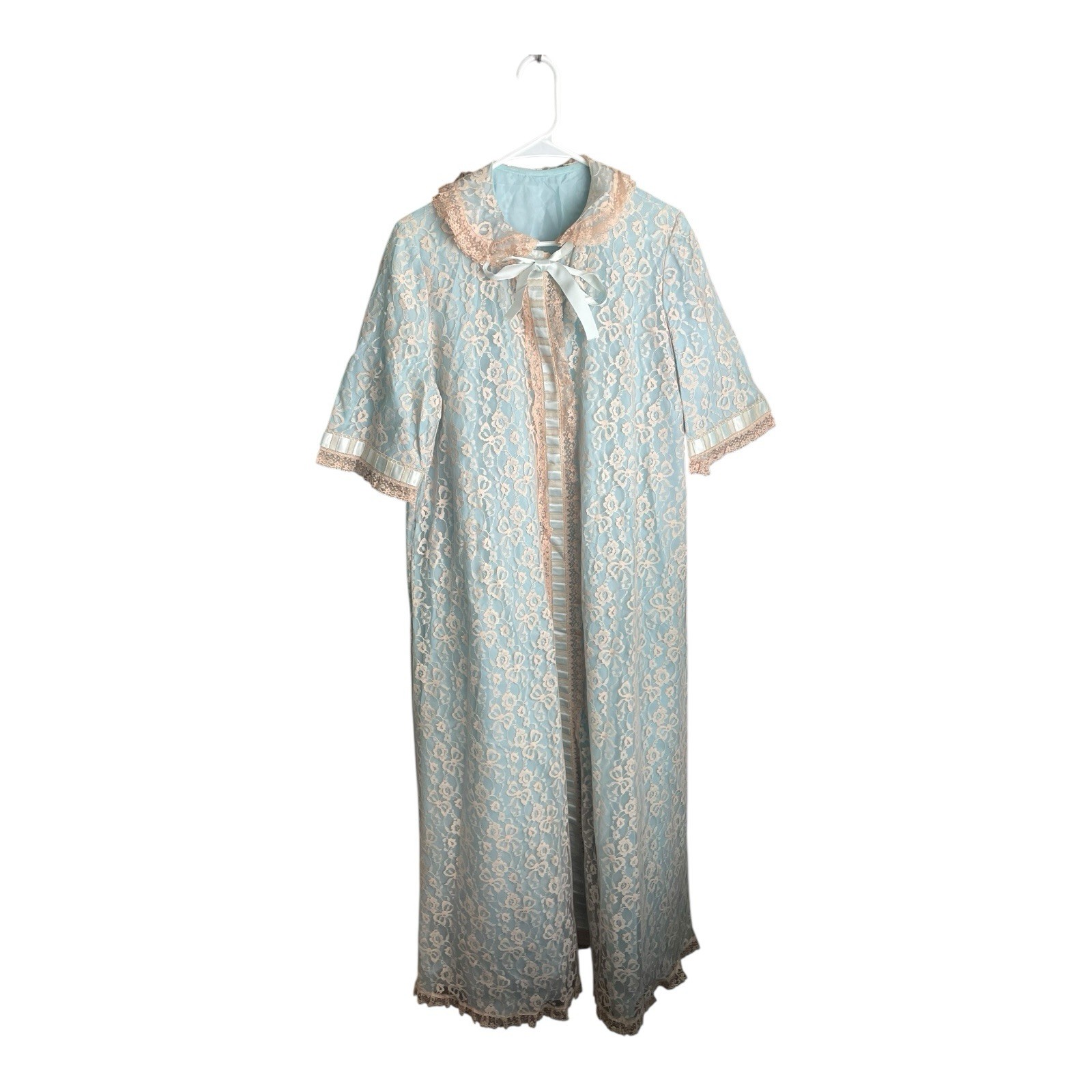 Vtg ODETTE BARSA Womens 1960s Robe Duster Blue Floral Lace Overlay Medium