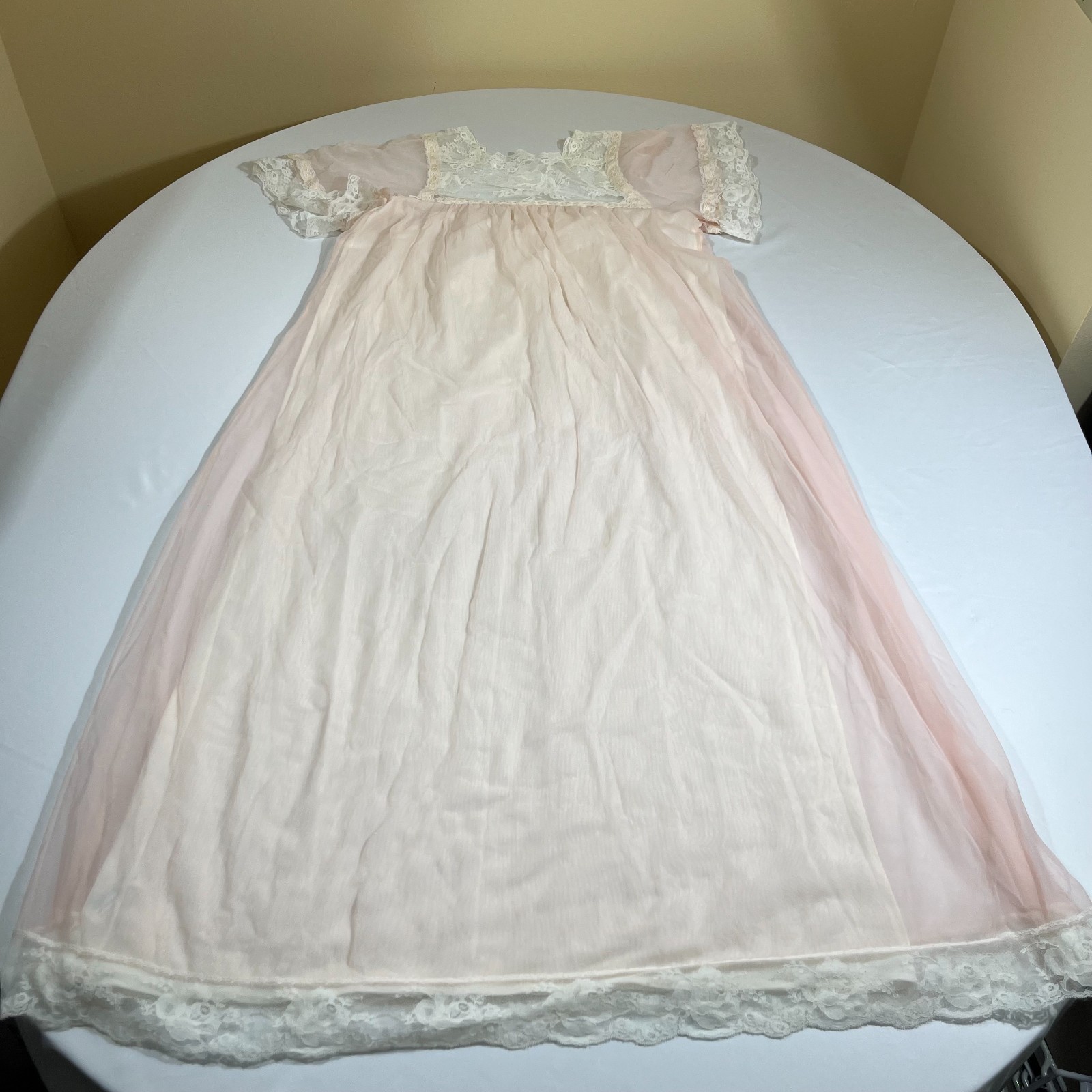 Vintage 60s St Michael Pink Sheer Nightgown Lace Coquette Cottagecore Size 6