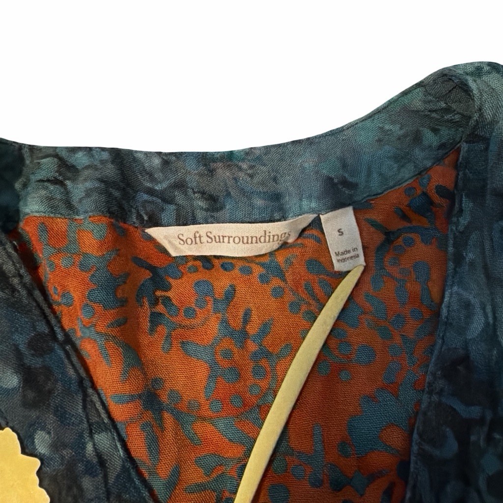 Soft Surroundings V Neck Bohemian Batik Caftan Spice Tone & Teal Dress S
