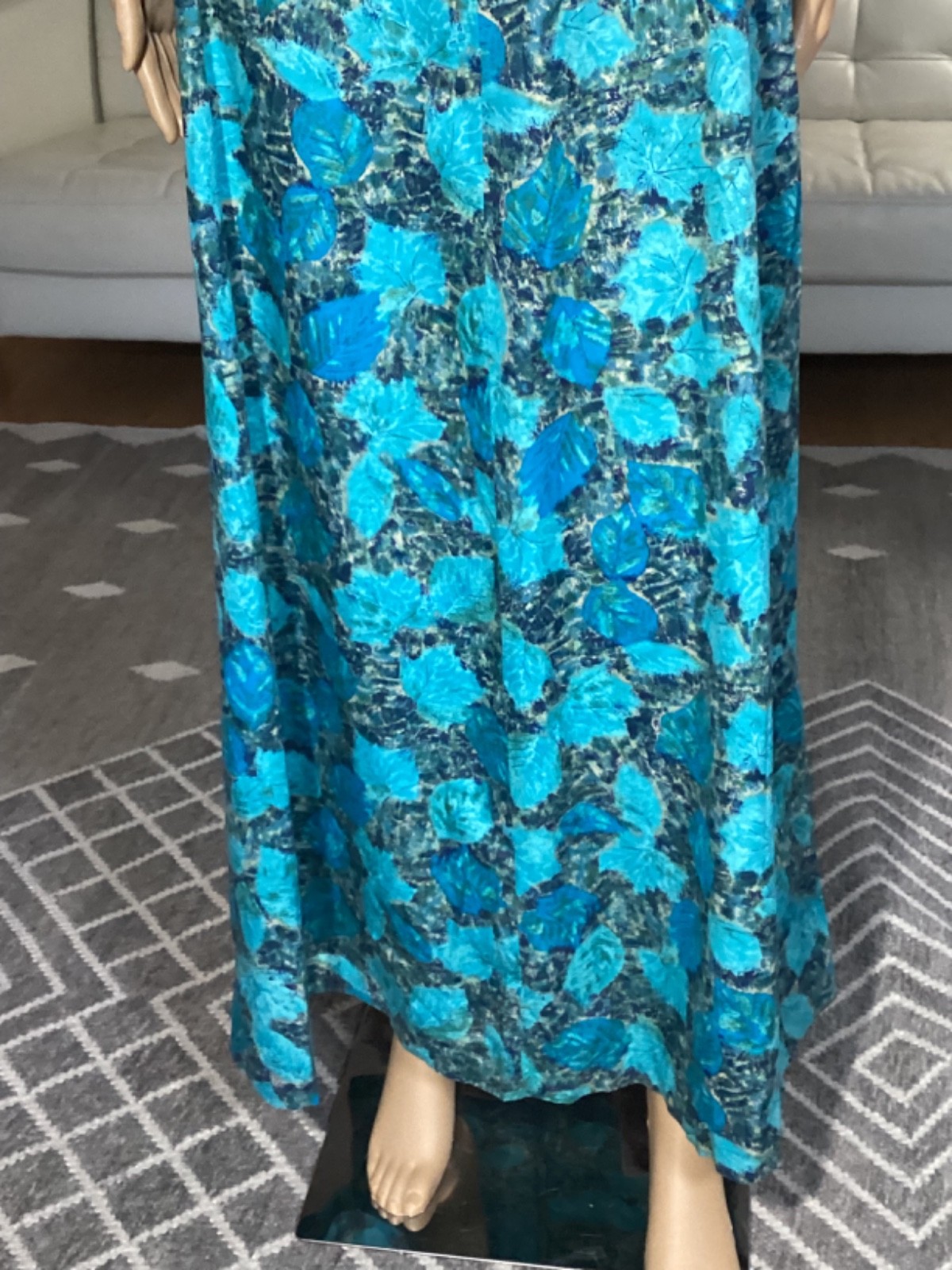 Vintage 50s 60s Turquoise Blue Leaf Pattern Cotton Long Maxi Skirt