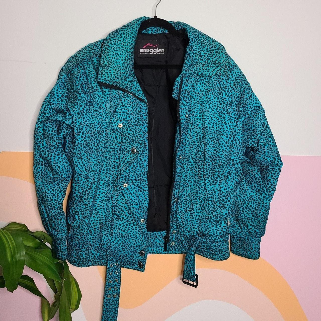 Vtg 80s Snow Coat, Winter, Ski, Turquoise, Black, Cheetah, Leopard, Snugglers