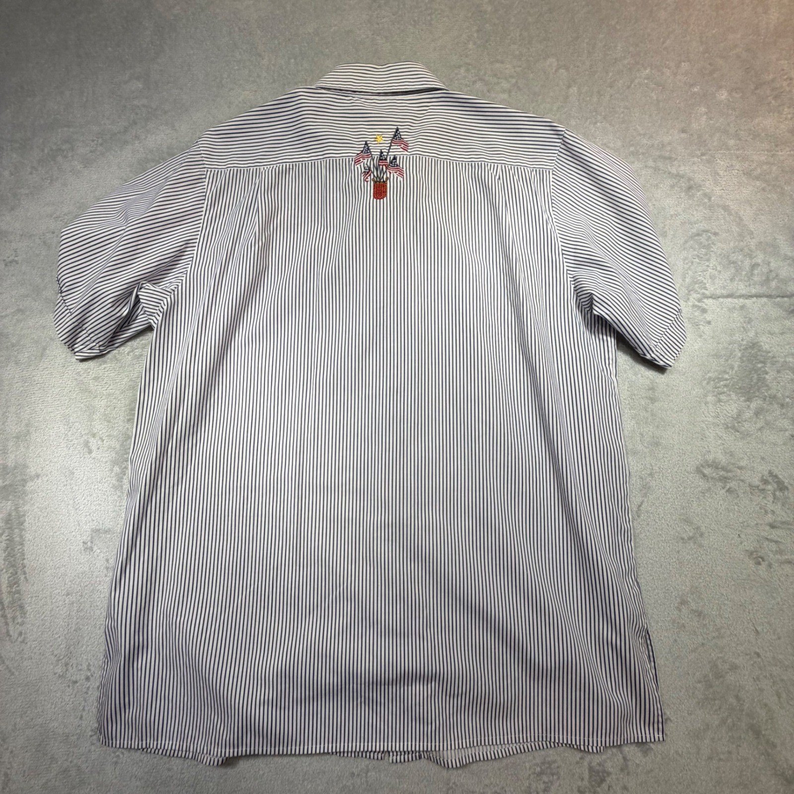 Vintage Quacker Factory Large Blue White Striped Patriotic Flag Shirt 90s Cotton