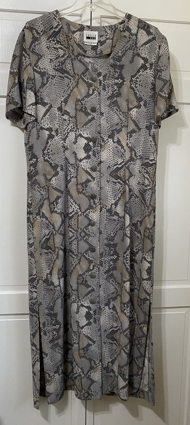 Vintage LESLIE FAY Gray & Ivory Snake Print Button-up Sheath Dress SZ 16
