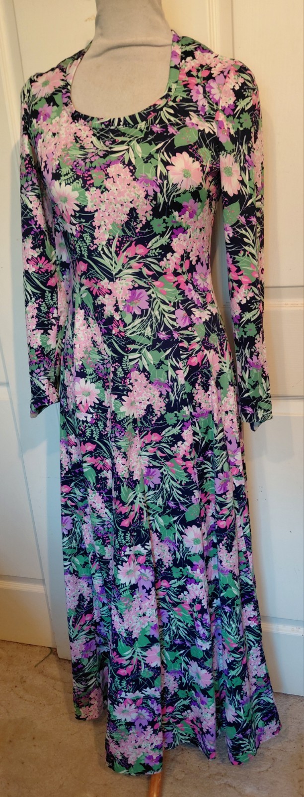 Vintage 70s Long Floral Polyester Dress Pink Purple Green Talbots B34