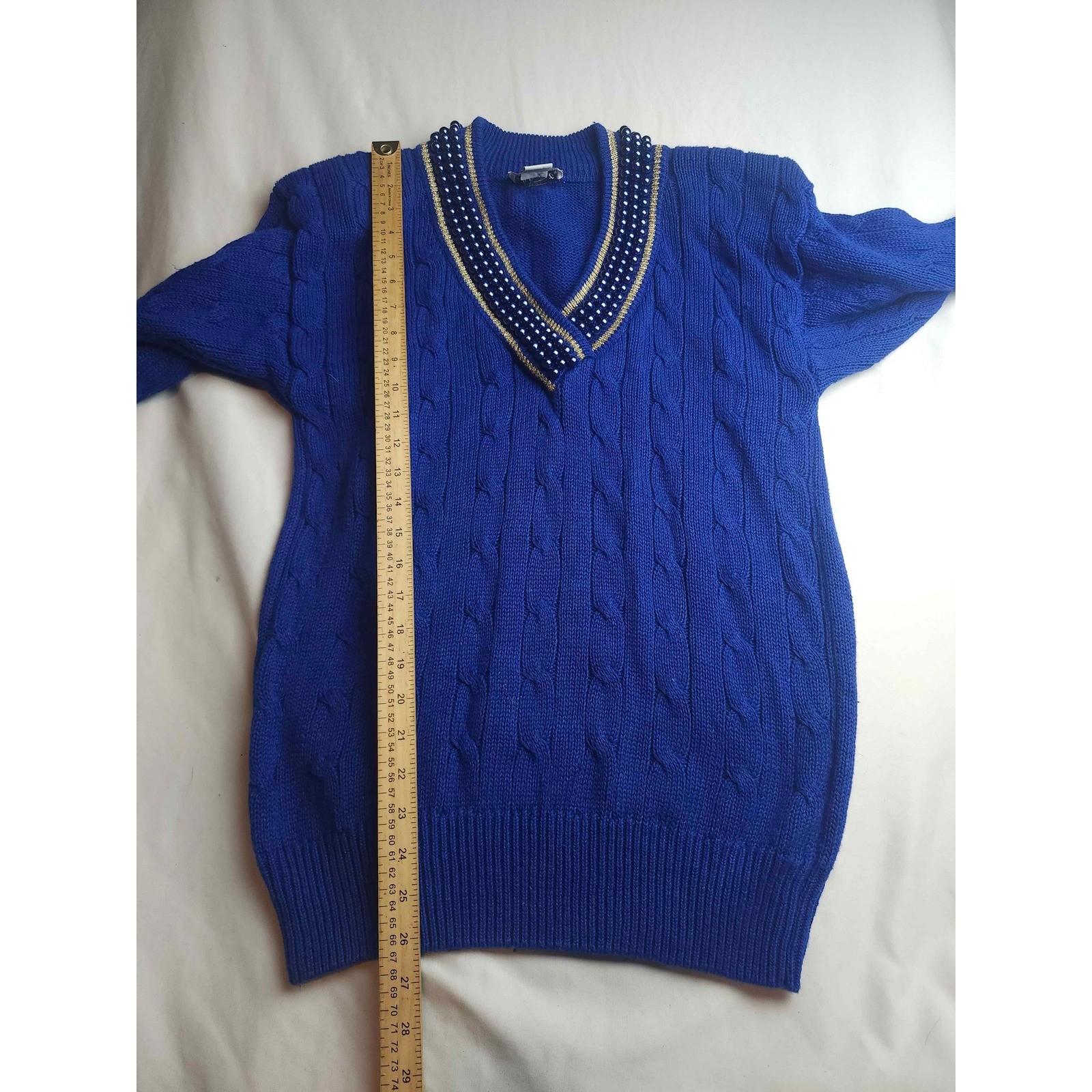 Eminent Vintage Royal Blue Cable Knit Pearl Beaded V-Neck Sweater Small Womens