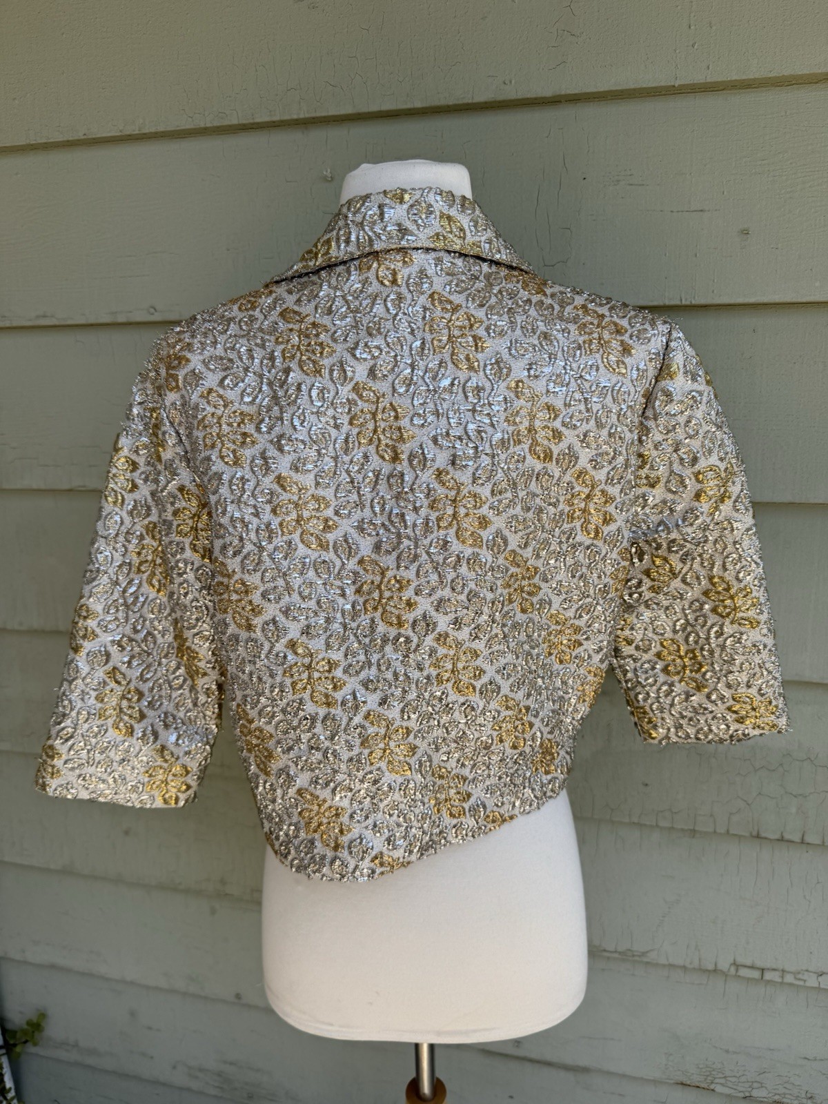 Vintage 60s Gold Silver Lamé Jaquard Evening Bolero Jacket S/M Open Front