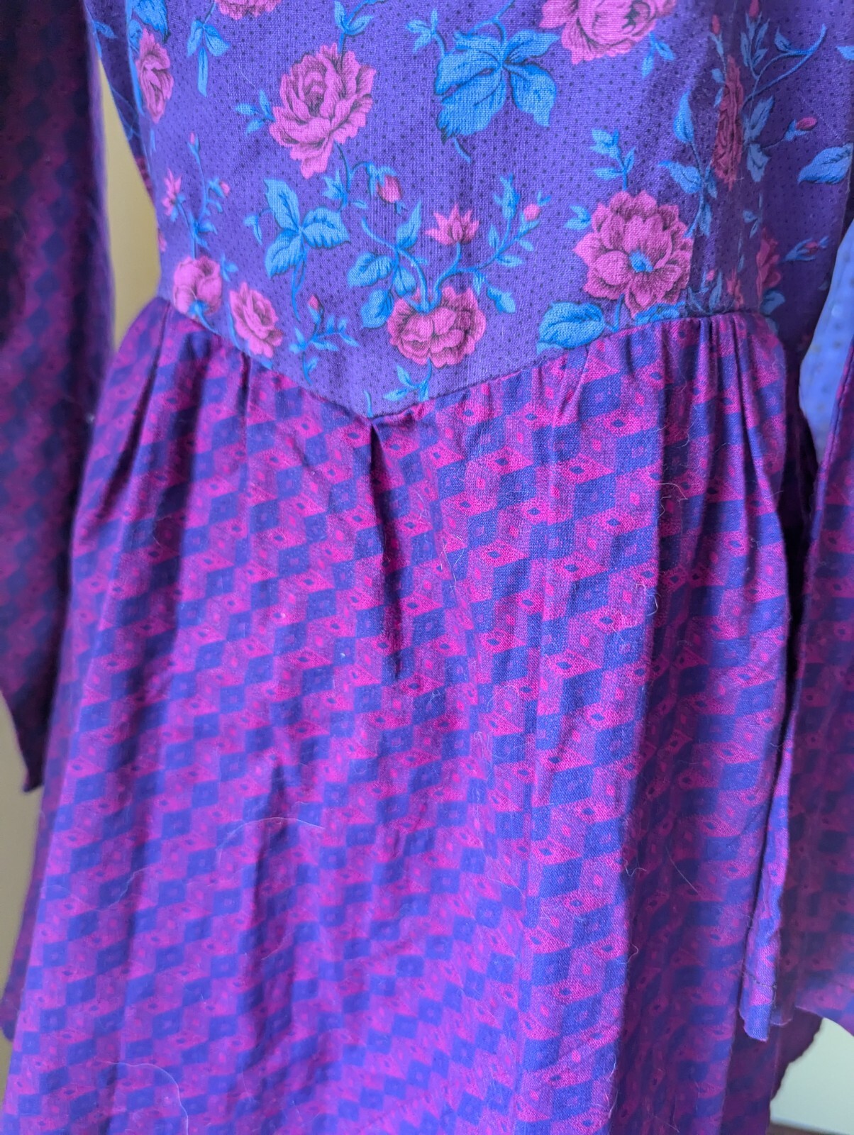 Vintage 70’s 80’s Purple Pink Puff Juliet Sleeves Floral Mini Dress Size Small