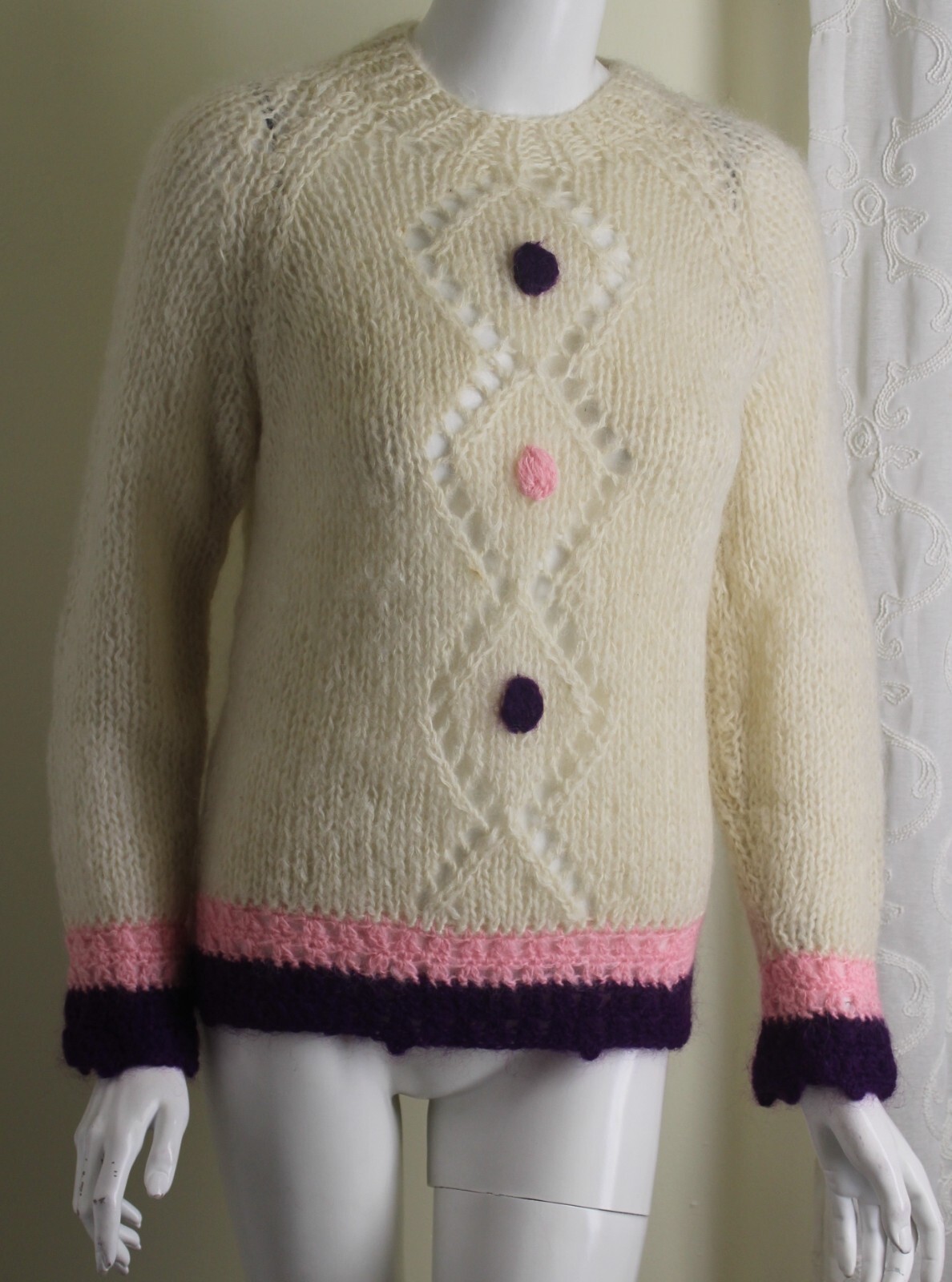 Vintage 1960s 70s Italy Mohair Kawaii Hand-Knit Funky Sweater 36 S M Fabulous