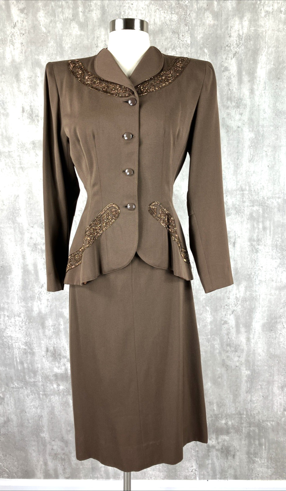 Vintage 1940s Swansdown Brown Wool Gabardine Beaded Skirt Suit MINT
