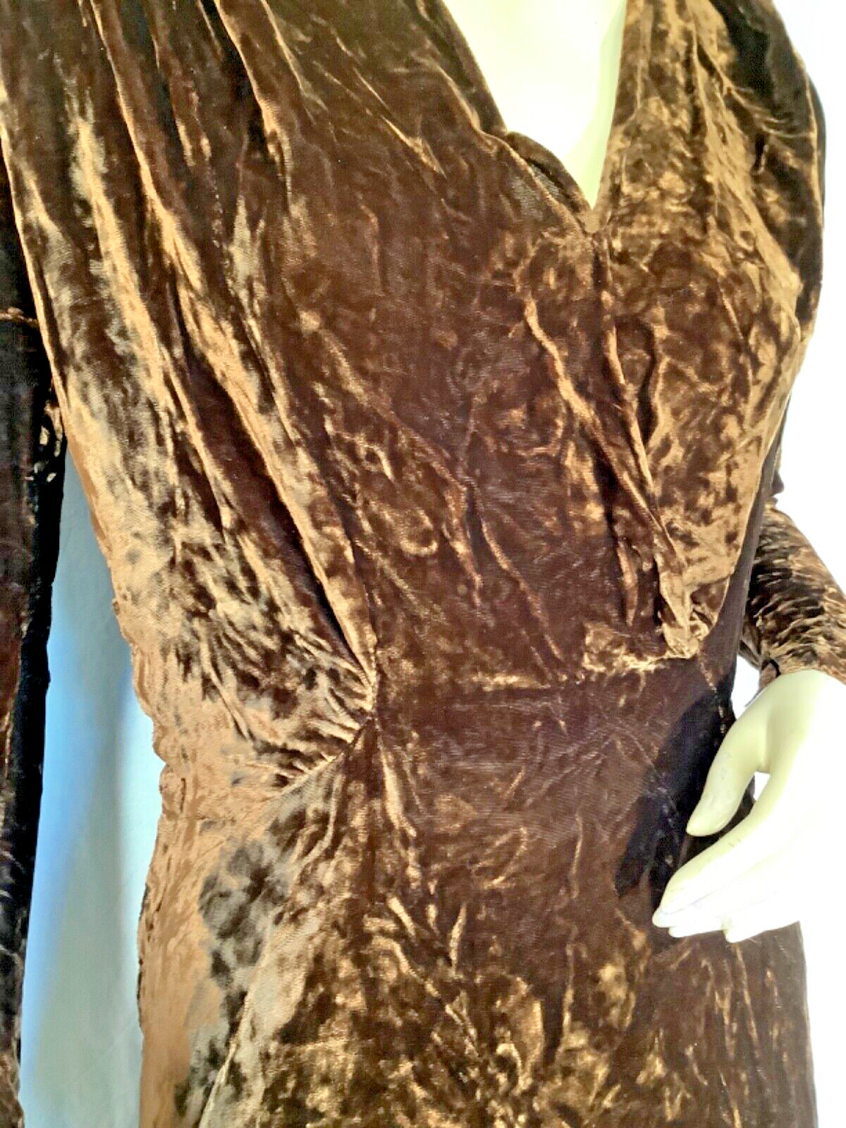 Art Deco vintage 30s draped 2 piece Dress peplum Top skirt Crushed velvet Brown