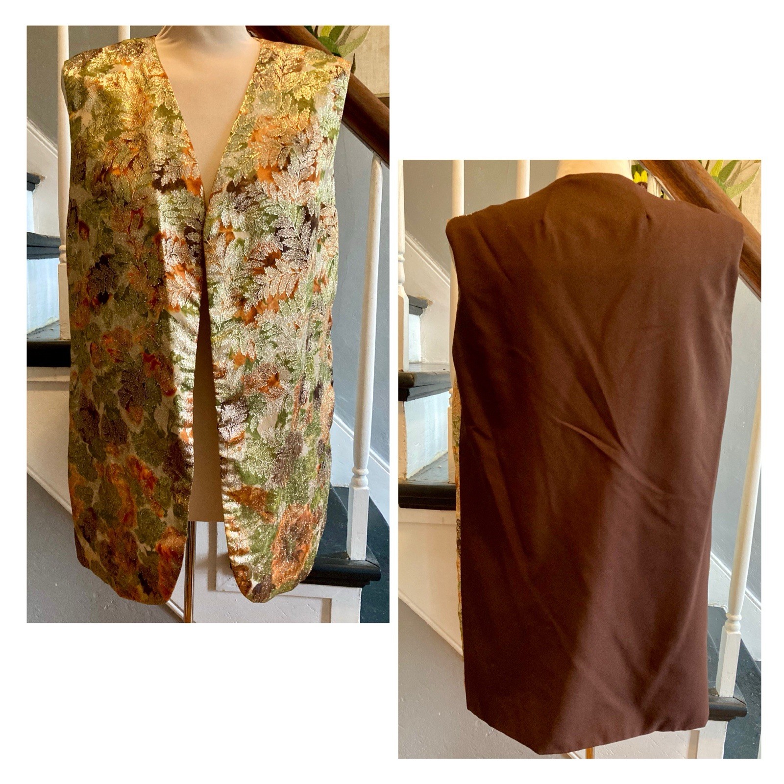 1960s 1970s Metallic Brocade Tapestry Gold Floral Rose Vest Hippie Psychedelic