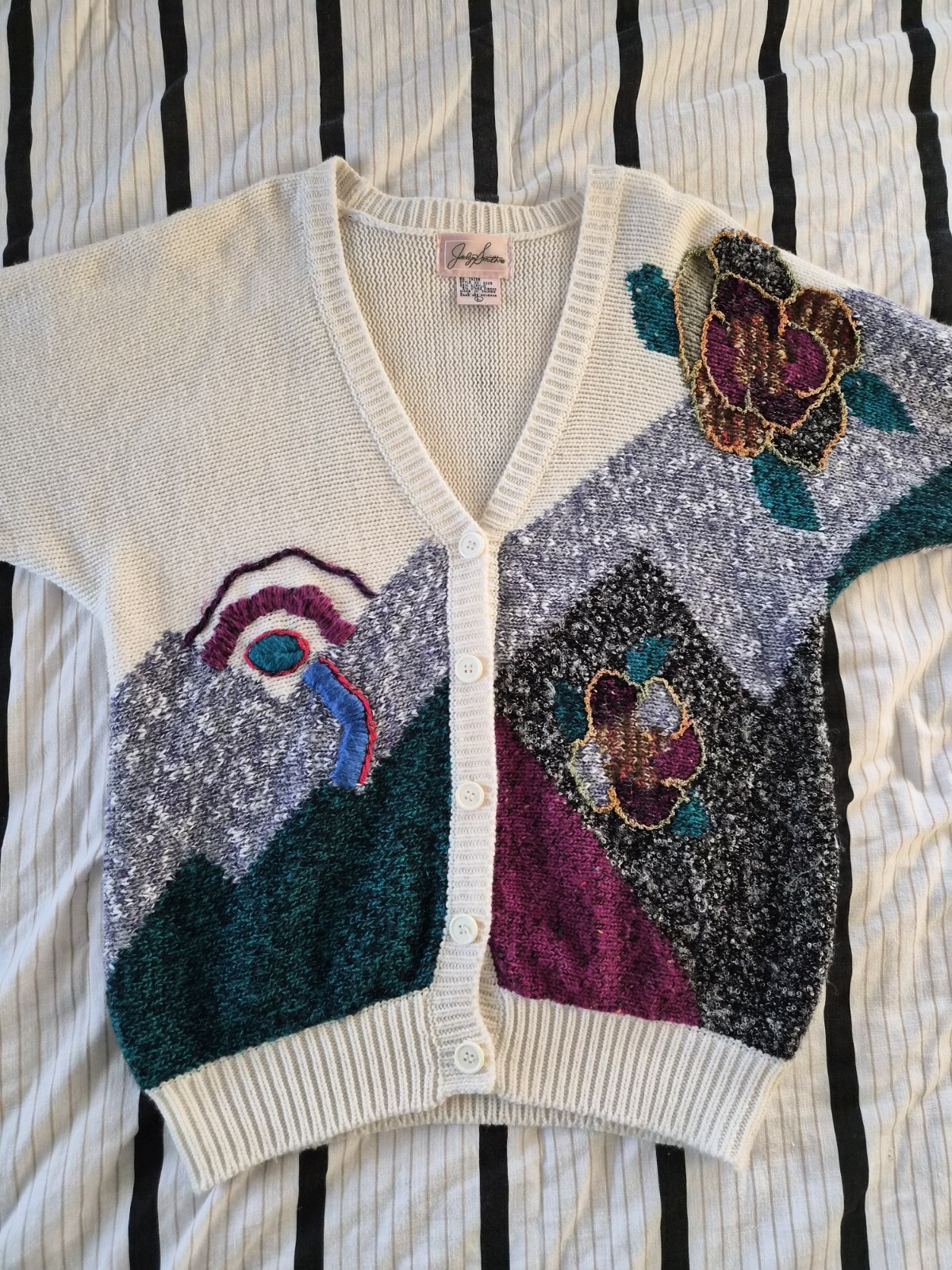 Granny Core 80s Jaclyn Smith Floral Color Block Cardigan Sweater Cottage Core
