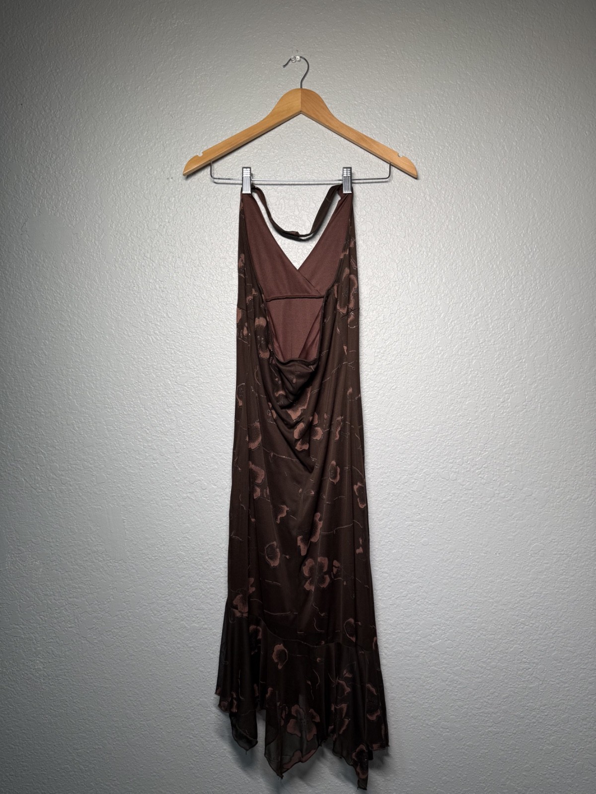 vintage 90s sparkle brown dress ruffle asymmetrical halter flow formal festival