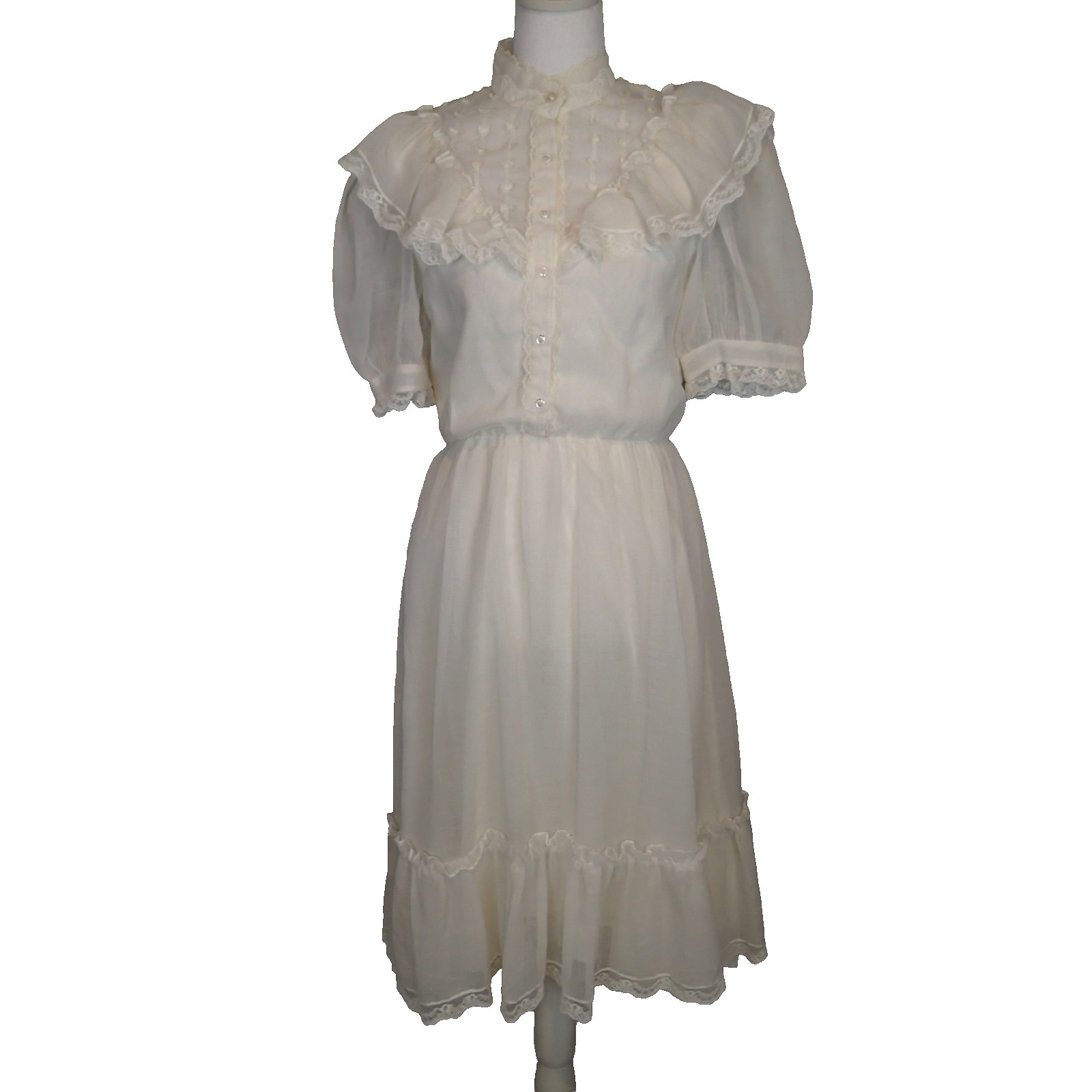 Vintage Candi Jones 70s Prairie Edwardian Style Dress With Sheer Ruffle sz 7