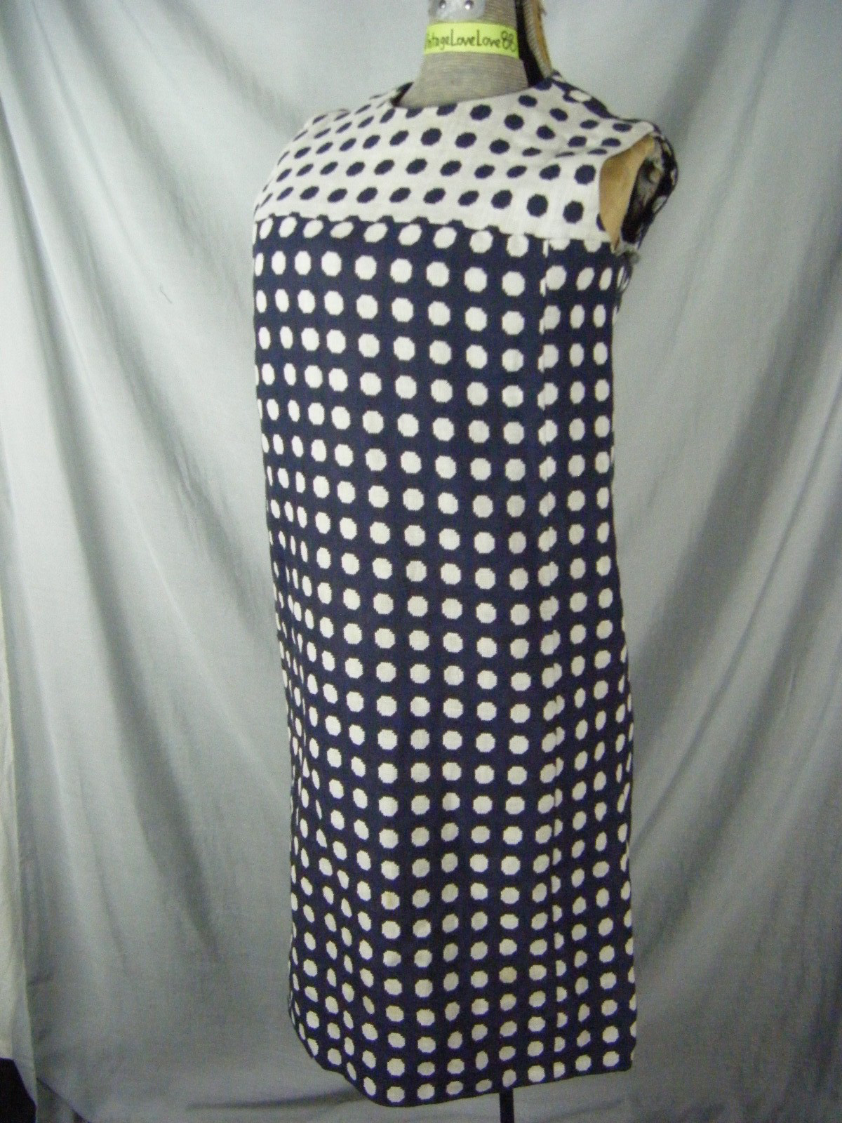 Vtg 60s Handmade Navy White Dots Mod Knit Dress-Bust 34/2XS