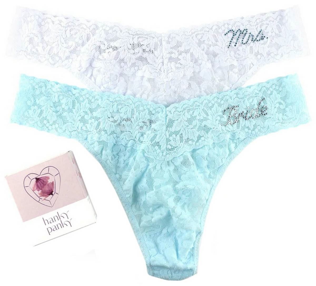 Hanky Panky Womens Bride and Mrs 2-Pack Original Rise Thong – Celeste Blue/White
