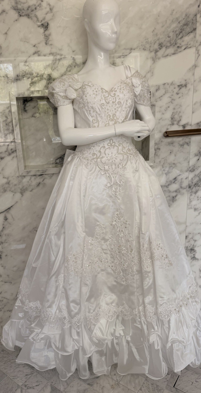 Vintage Mary’s Bridal Wedding Dress Size 10 White Beaded Satin Puff Sleeve NWT