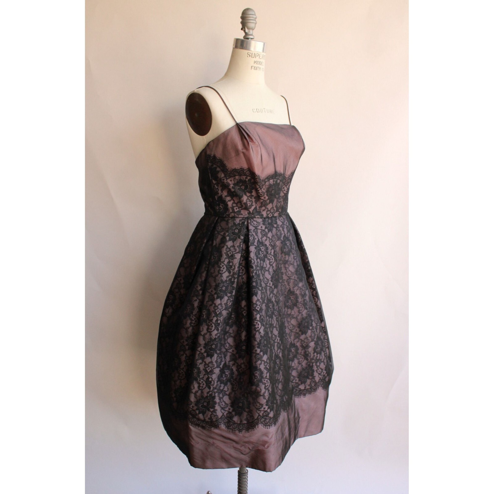 Vintage 1950s Dress, I Magnin Black and Pink Lace Fit and Flare, Extra Small