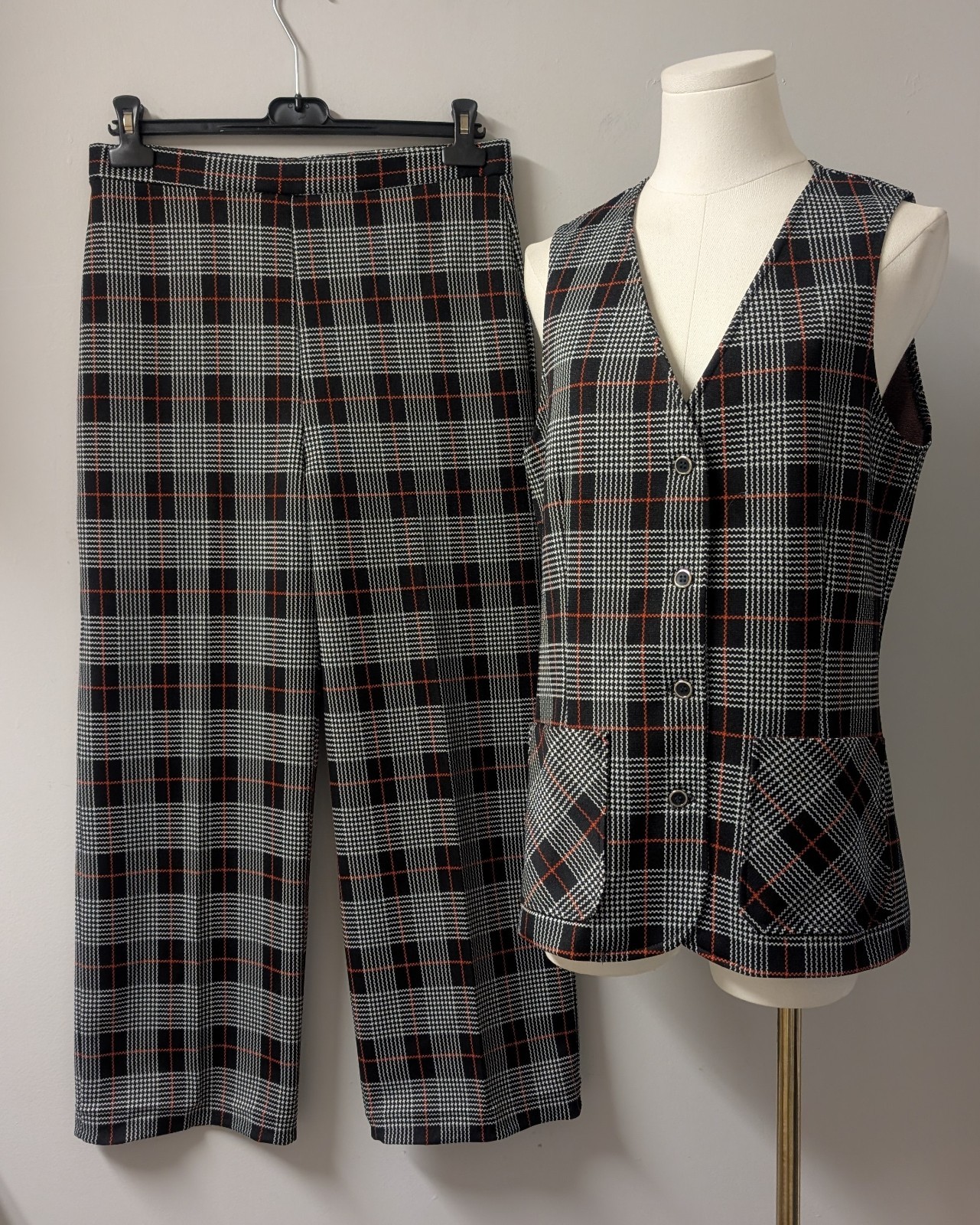 Vintage 70’s Queen Casuals Vest & Pants Set Houndstooth Plaid M Petite