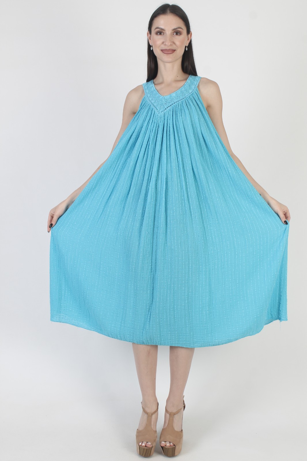Vtg Turquoise Gauze Dress Cover Up Crochet Mexican Beach Kaftan Ethnic Sundress