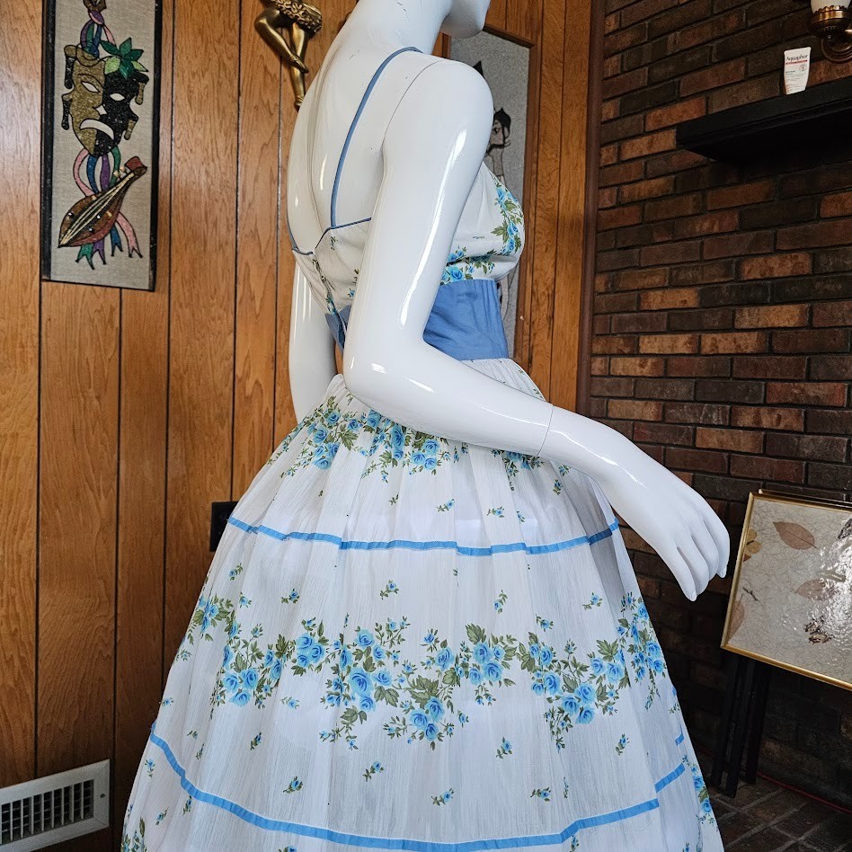 Vintage 50s Aqua Olive Cabbage Rose Voile Sheer Circle Skirt Party Prom Dress S