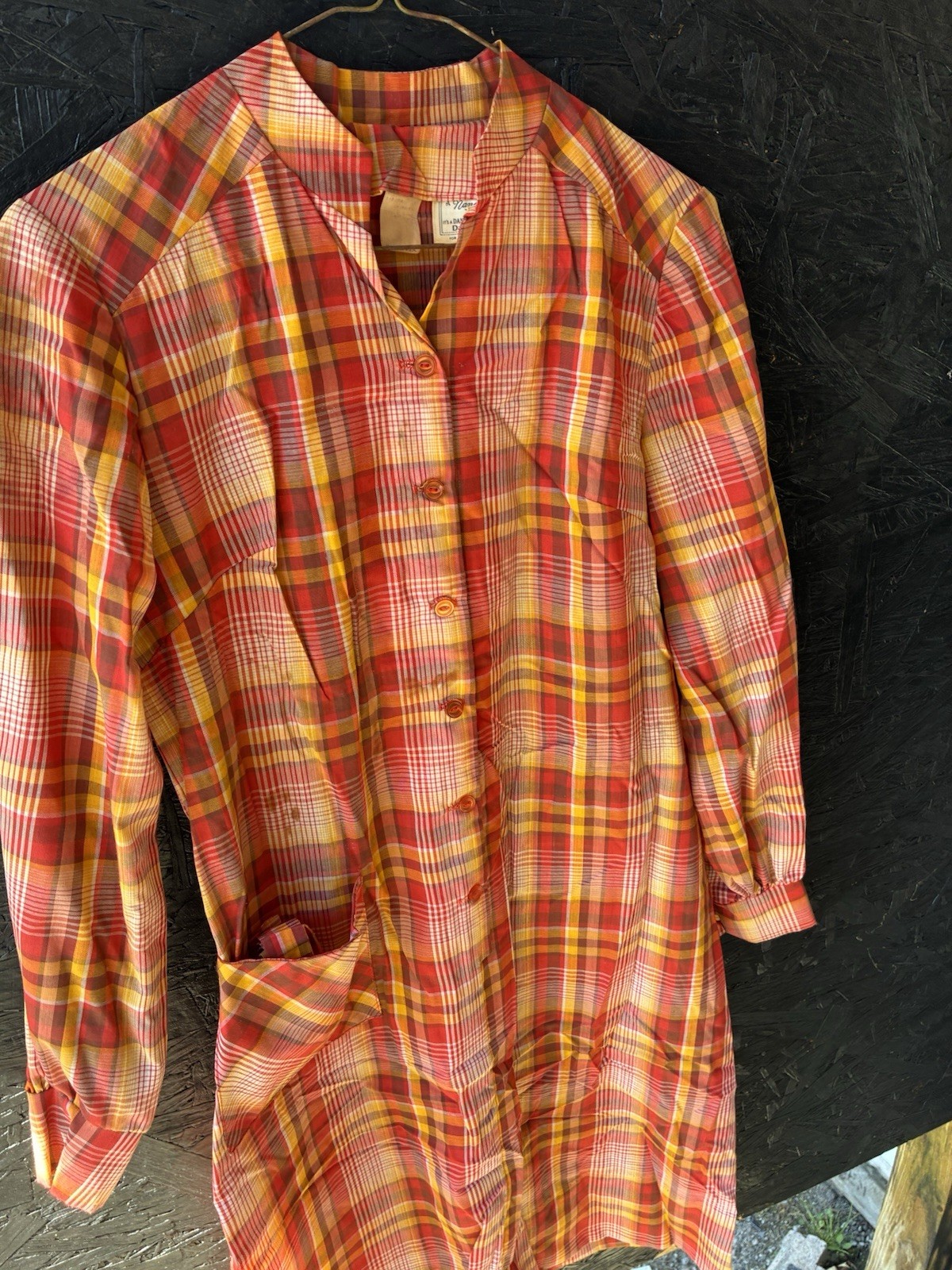 Vtg 60s Orange/Yellow Plaid Dress Dan River Nancy Frock 1 Pockets Button Up!