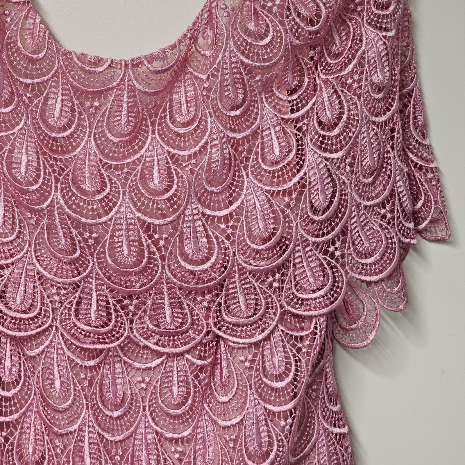 Vtg 70s Pink Lace Overlay Dress ILGWU Union Slip Formal Romantic Chiffon Overlay