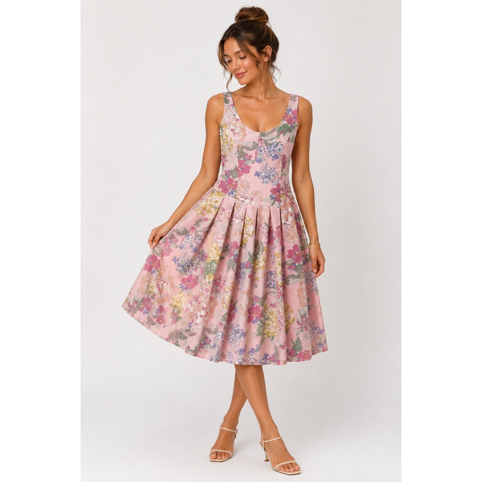 80’s Laura Ashley Women’s Dress Pink Floral Fit & Flare Cotton Covered Buttons 8