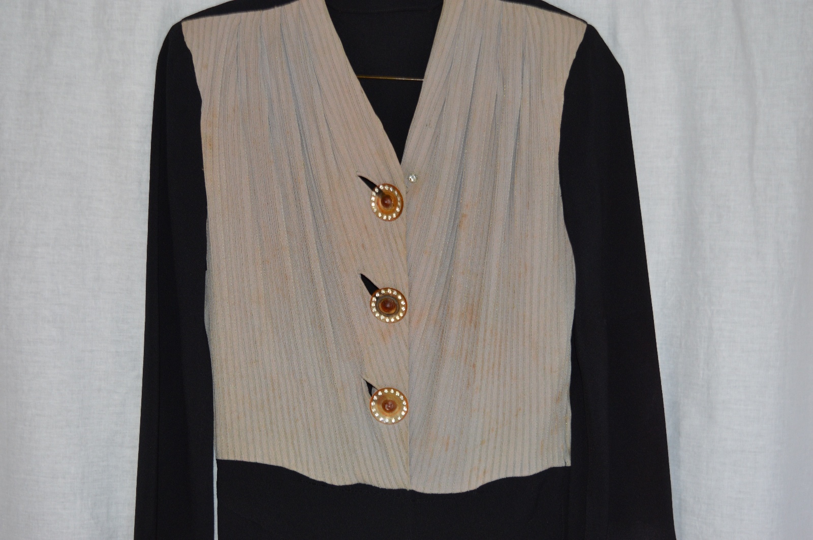 Vintage 1940s 1950s Beige Black Dress Celluloid Rhinestone Buttons Size Medium