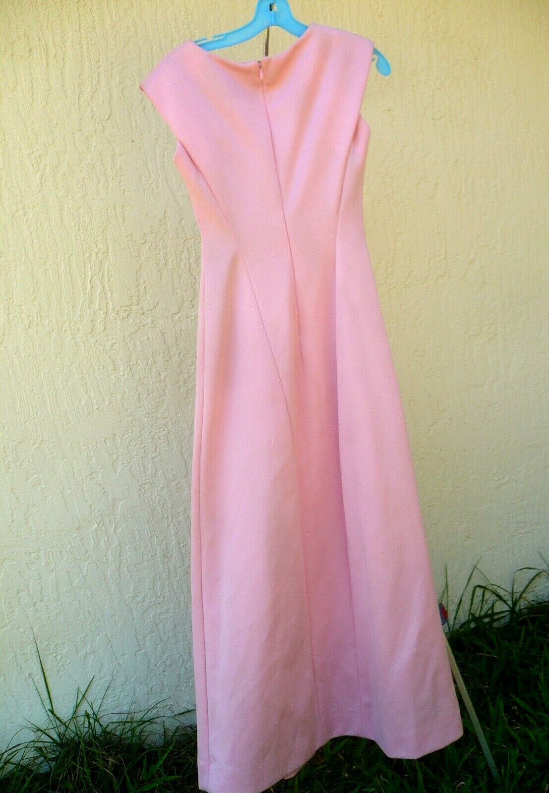 VTG 70S SOLID PINK S M TEXTURED HEAVY POLYESTER HOURGLASS MAXI DRESS TALL WOMEN