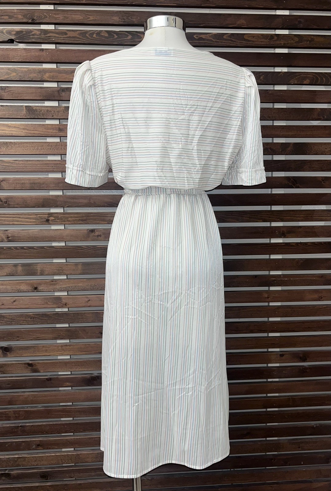 1970s Vintage White Pink Green Purple Striped Silver Metallic Tie Waist Dress